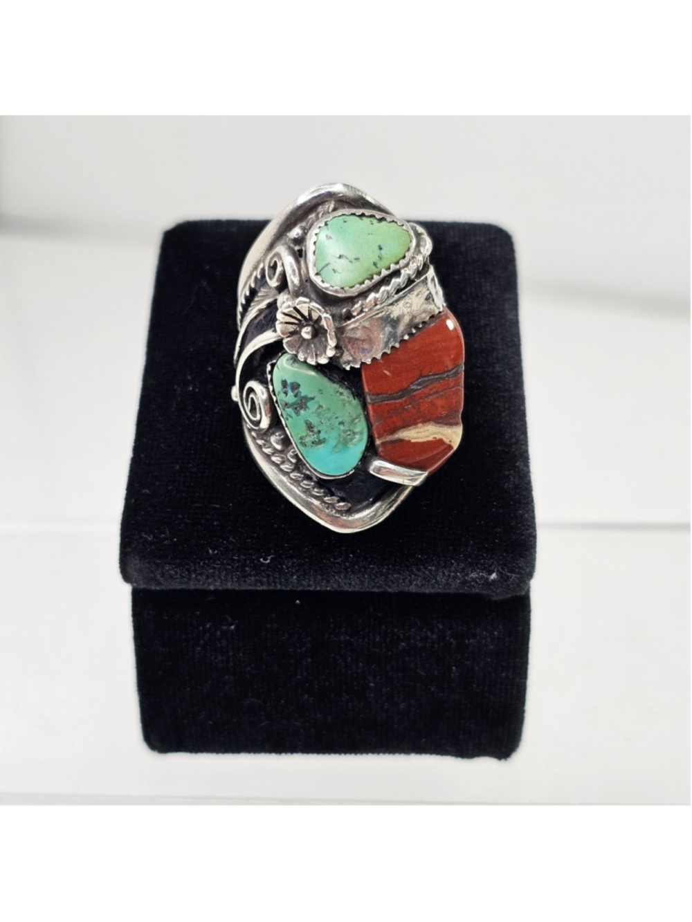 Large Sterling Silver Turquoise Red Jasper Ring Southwestern Style Size 24.48g